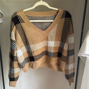 Tan and Black V-Neck Sweater with Modern Plaid